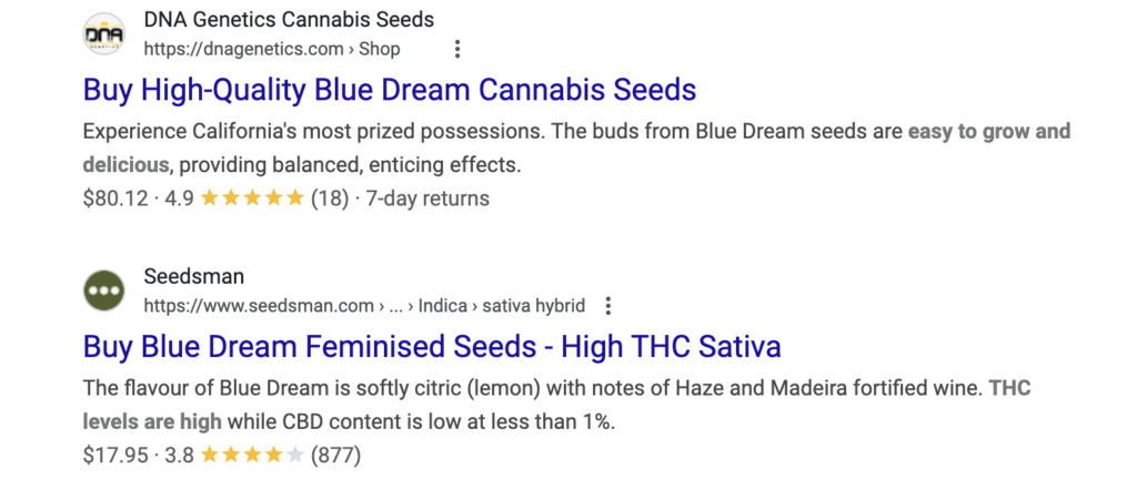 Example of optimized title and meta description